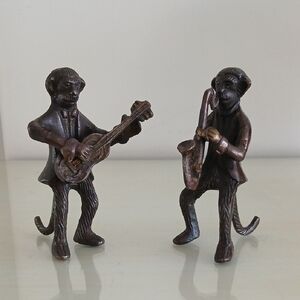 Vintage Cast Brass Bronze Monkey Big Band Musician Figurines Guitar Saxophone